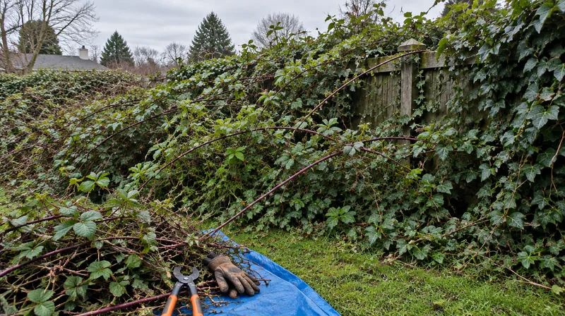 Blackberry brambles and English ivy growing over a backyard fence in Salem, with cut canes piled on a tarp