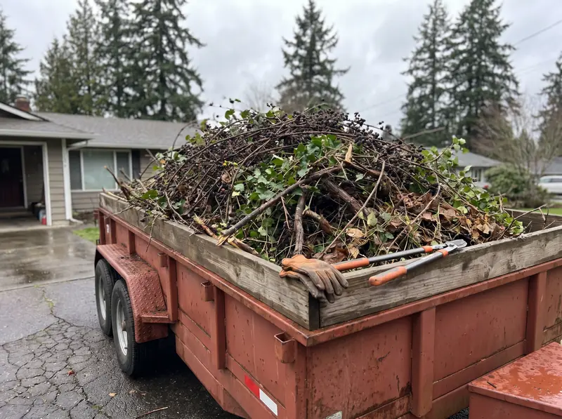 Utility trailer loaded with yard debris and branches for haul away