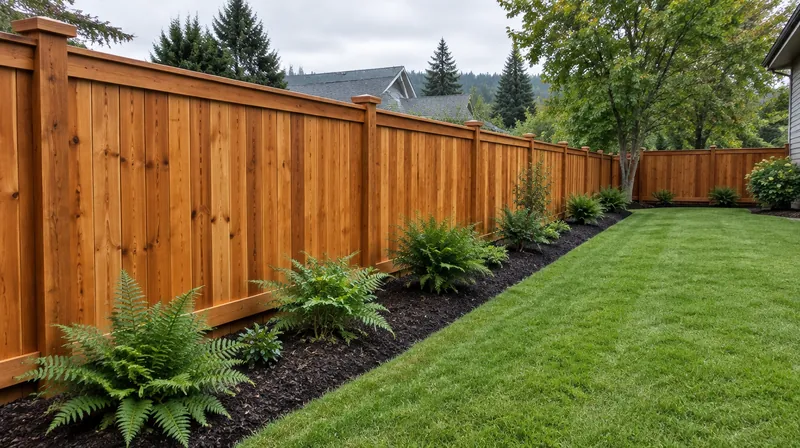 Cedar fence line freshly cleaned and stained