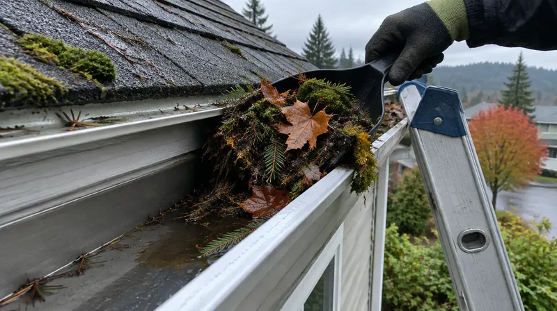 Fir needles, leaves and moss scooped out of a gutter